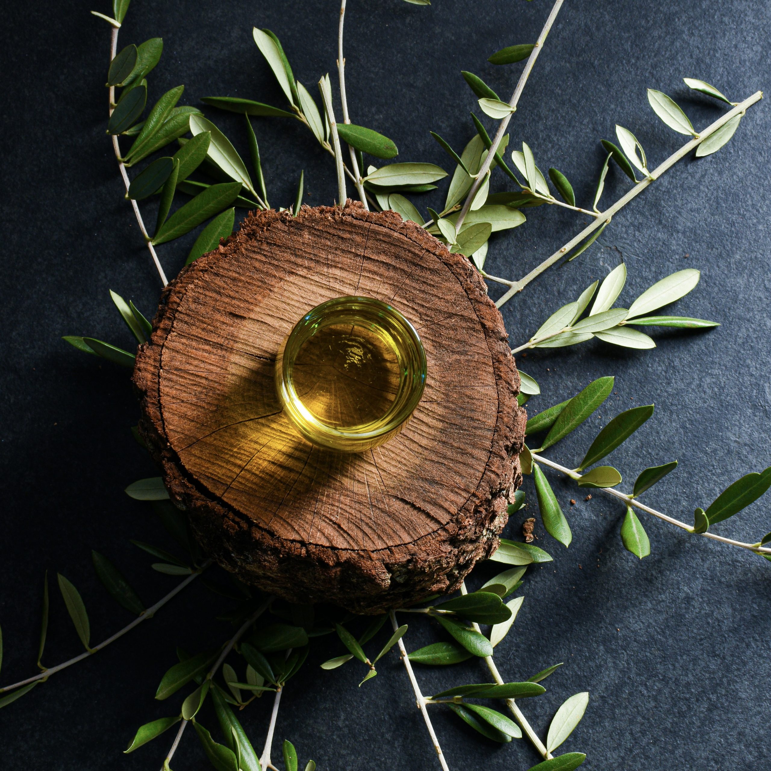 Glas Olivenöl auf einem Holzstumpf umgeben von Olivenzweigen